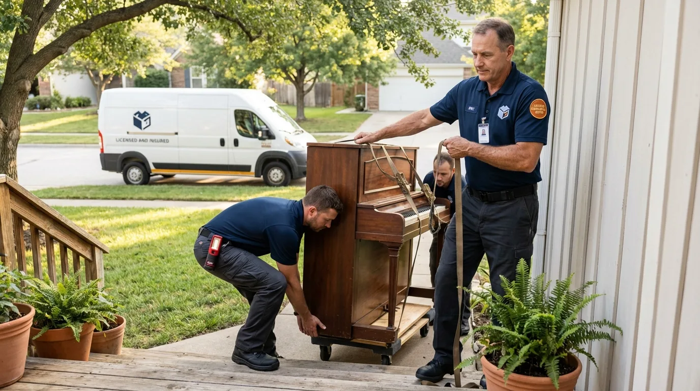 Licensed piano movers securing grand piano in Fort Bragg, NC