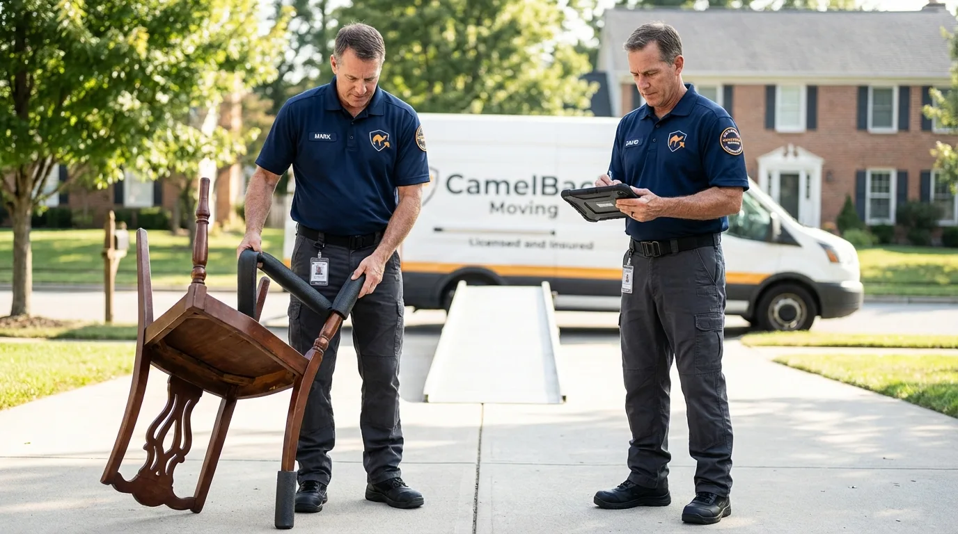Movers inspecting furniture for damage prevention before loading in Fort Bragg, NC