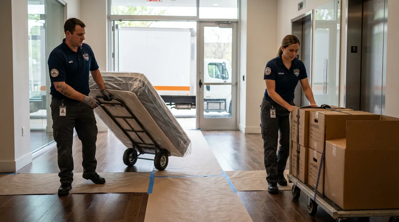 Professional apartment movers loading elevator in Fort Bragg, NC